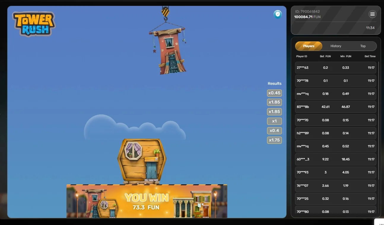 Tower Rush win screen — YOU WIN payout result after successful cashout