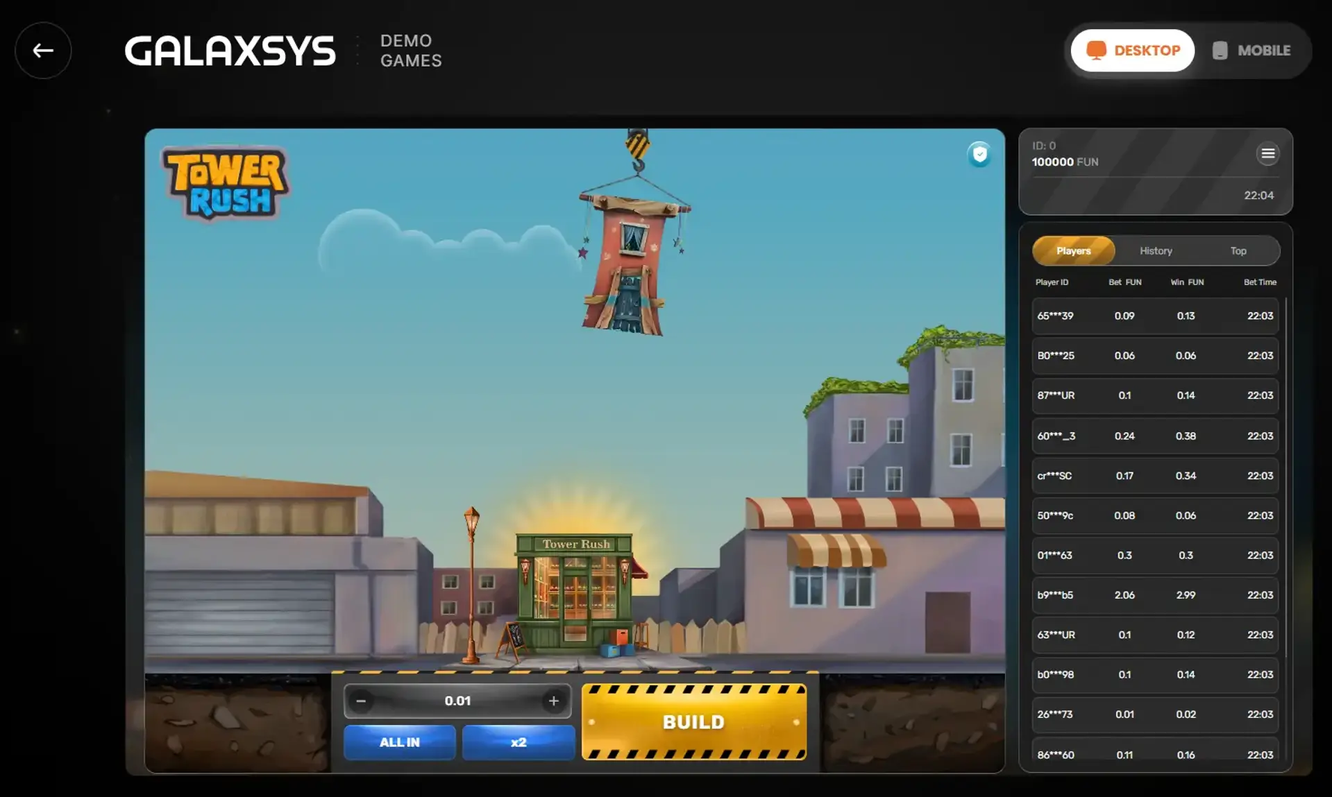 Tower Rush demo mode — Galaxsys game interface with bet panel and player list