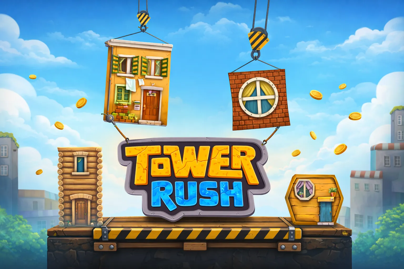 Tower Rush bonus round — multiple floors successfully stacked, high multiplier building