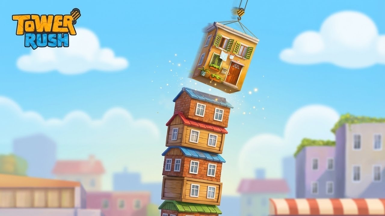 Tower Rush gameplay — stacking house-shaped floors with crane